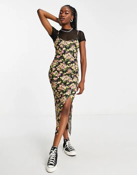 2 in 1 body-conscious midi dress with mesh t-shirt in ditsy print