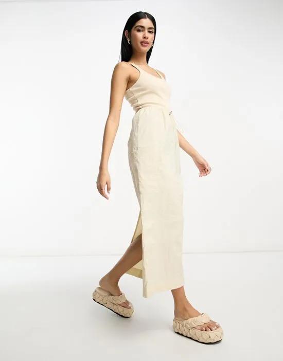 2 in 1 ribbed scoop neck dress with tank top with cargo midi skirt in camel