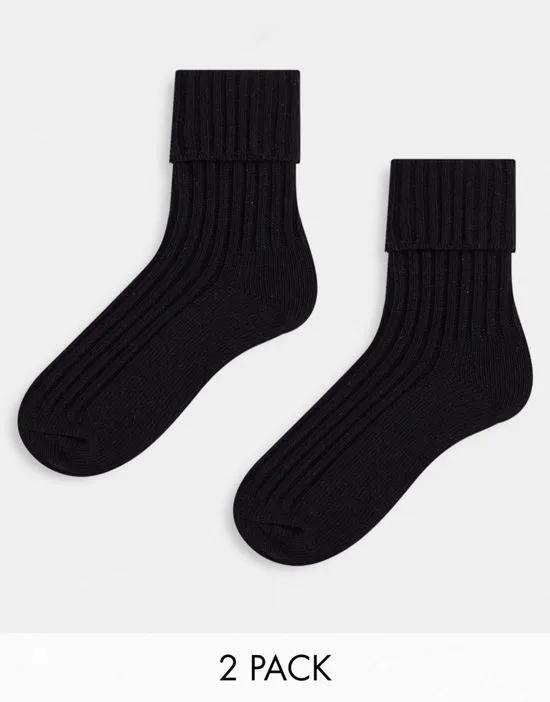 2-pack calf length wool mix lounge socks in black
