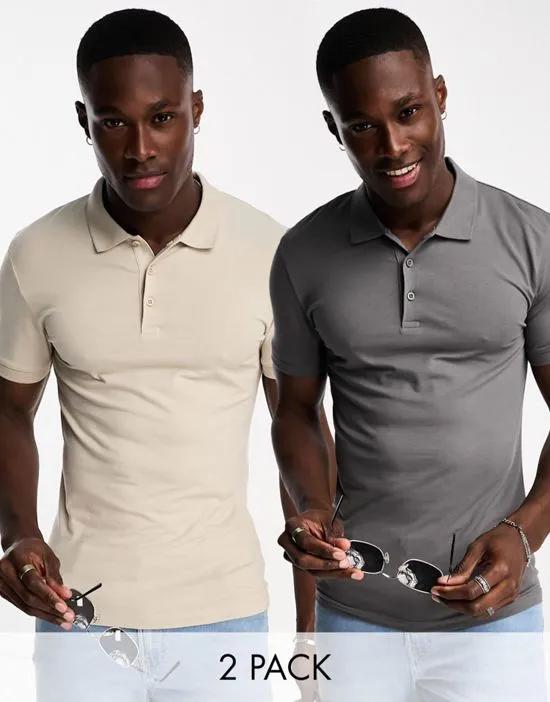 2 pack muscle fit polo in stone and gray