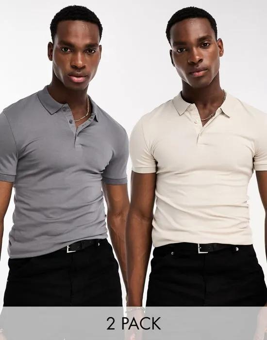 2 pack muscle fit polo shirt in stone and gray