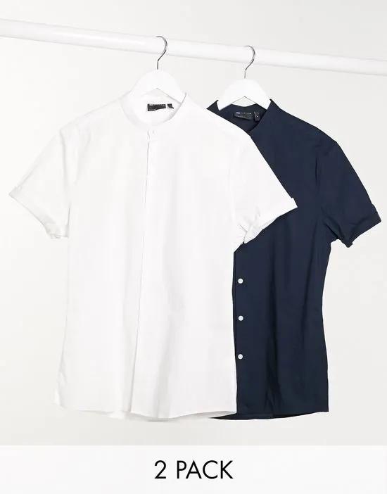 2 pack skinny fit shirt with band collar in white/black