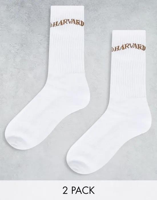 2 pack socks with Harvard varsity print in white