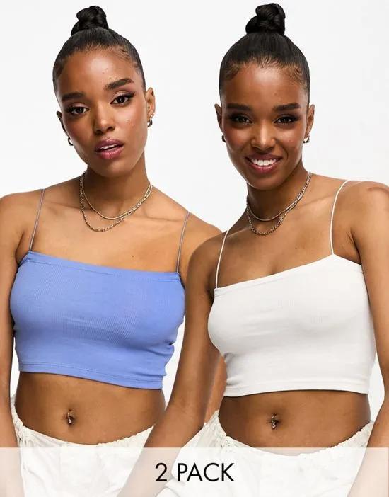 2 pack strappy ribbed tube crop top in white & petrol blue