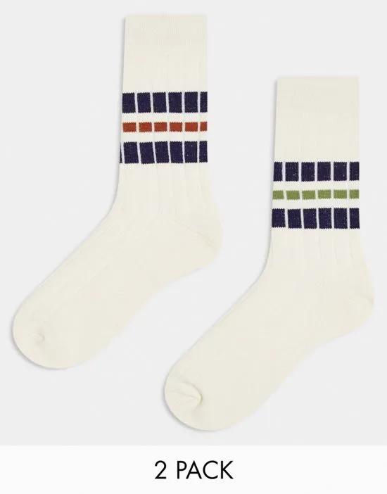 2 pack wide ribbed socks in off white with stripes