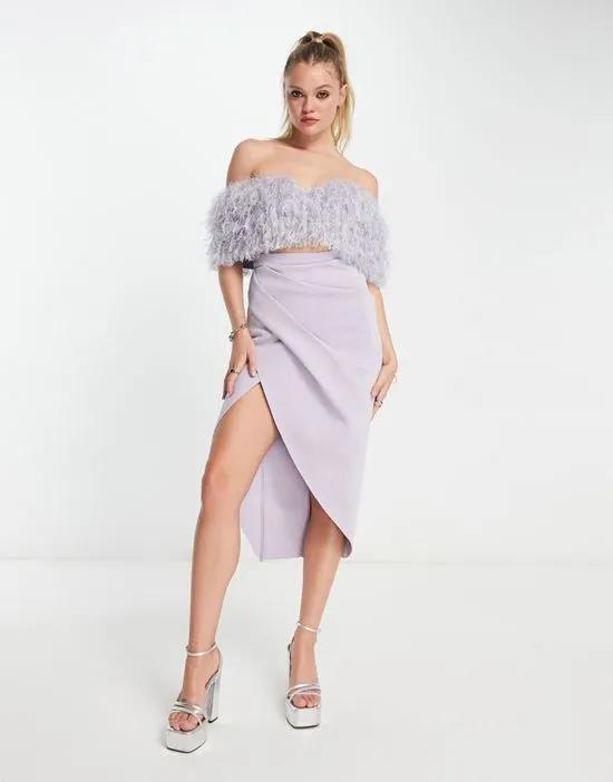 2 piece off shoulder pencil wrap tuck faux feather midi dress in lilac