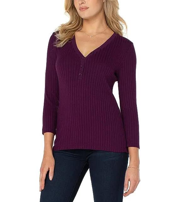 3/4 Sleeve Button Front Rib Knit Henley Top