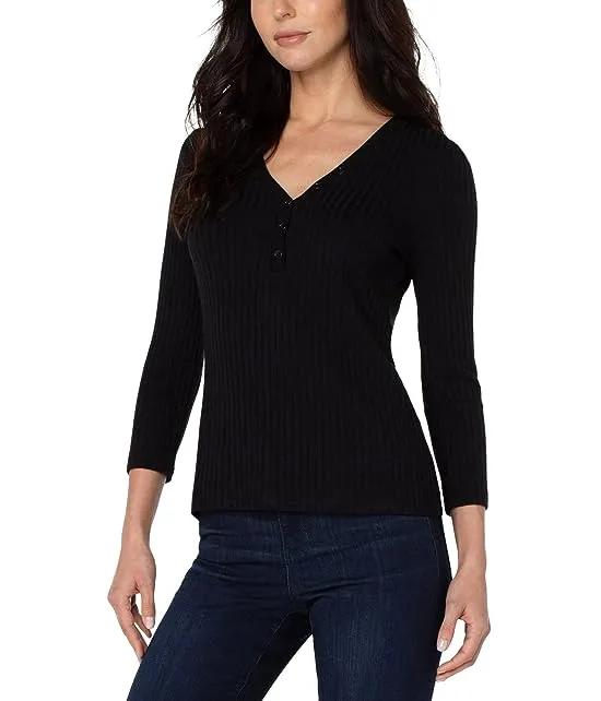3/4 Sleeve Button Front Rib Knit Henley Top