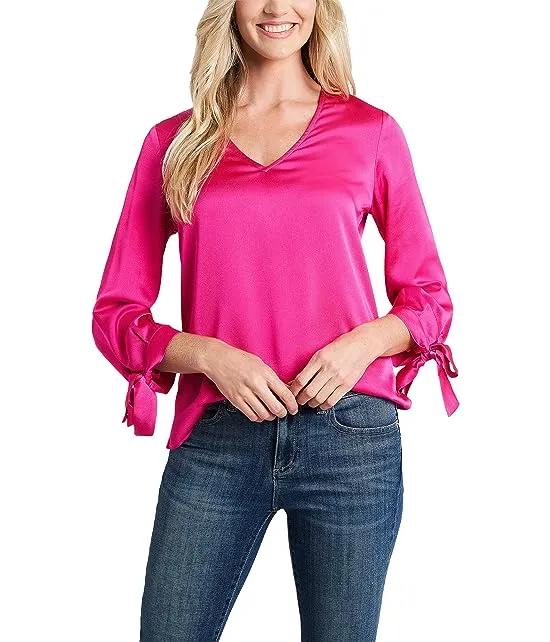 3/4 Sleeve V-Neck Satin Blouse with Ties
