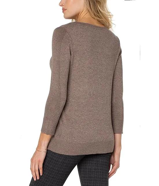 3/4 Sleeve V-Neck Sweater with Pique