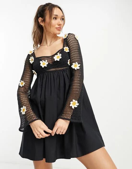 3D daisy crochet mini smock dress in black