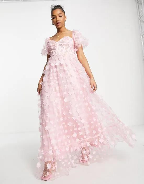 3D flower corset maxi dress in pink