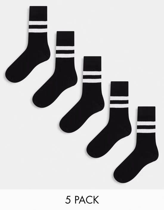 5 pack striped sport socks in black