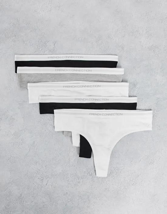 5 pack thongs in black gray white mix