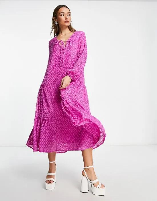 70s trapeze long sleeve maxi dress in fluffy texture in hot pink