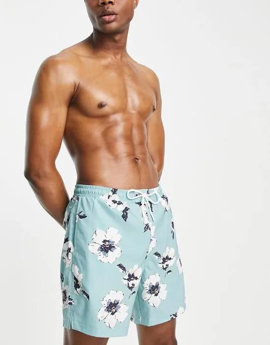 7inch relaxed fit floral print swim shorts in blue