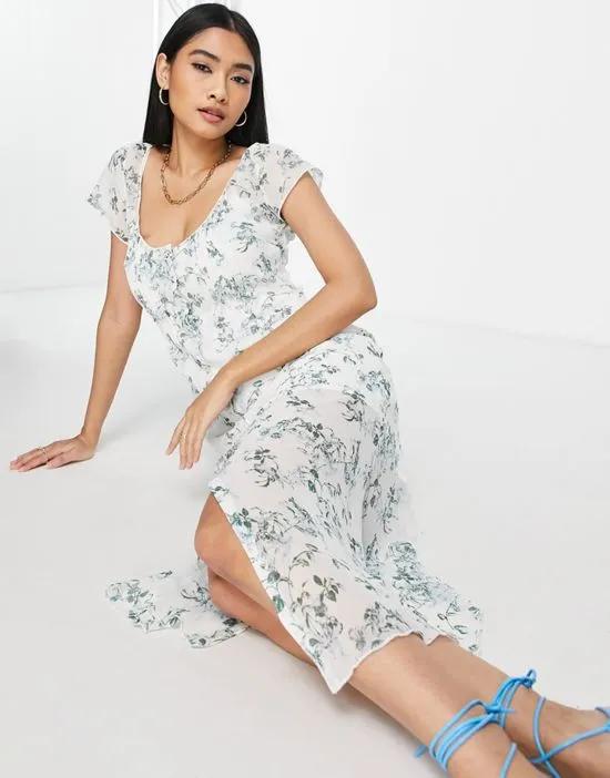 90s pintuck button through maxi dress in white based ditsy floral
