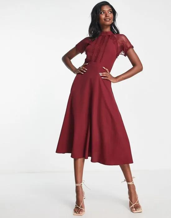 a-line lace detail midi dress in burgundy