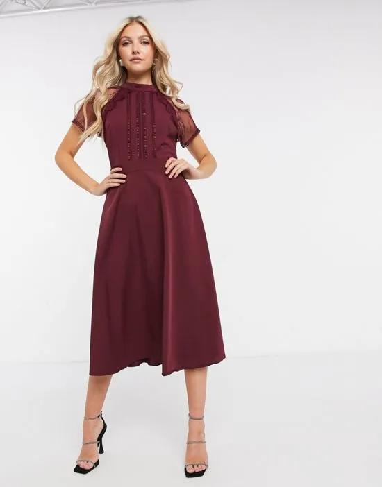 a-line lace detail midi dress in burgundy