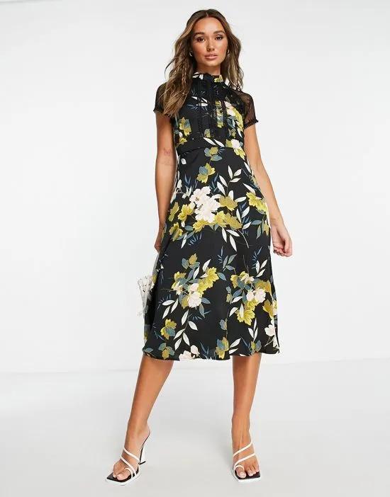 a line lace detail midi dress in floral print