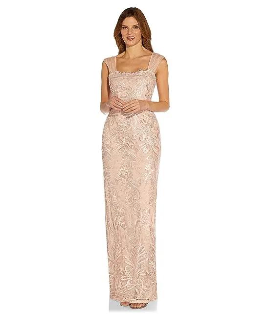 Adrianna Papell Ribbon Embroidered Long Column Gown