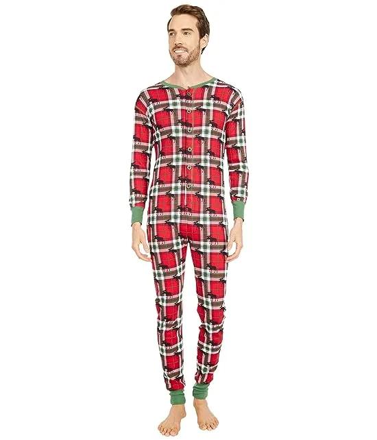Adult Union Suit One-Piece - Holiday Moose on Plaid