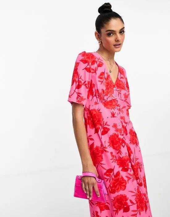Alexa midi dress in pink and red floral