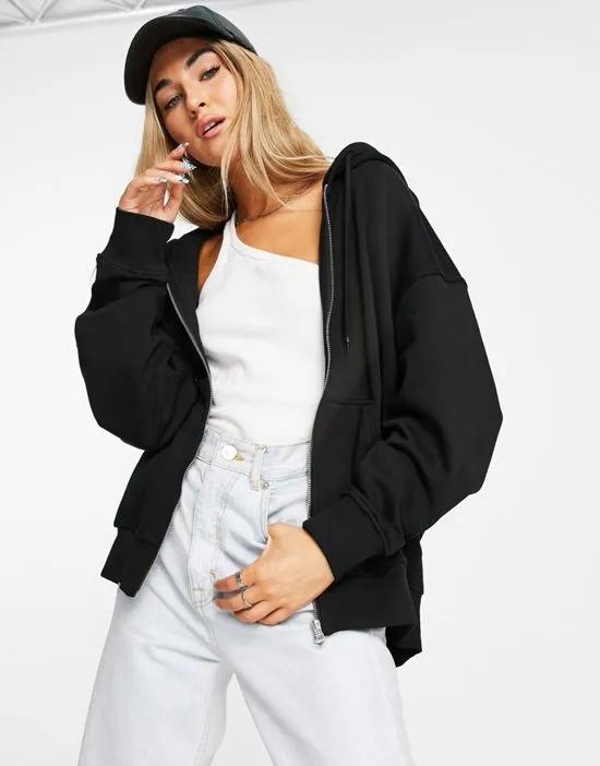 Alisa cotton oversized zip up hoodie in black - BLACK