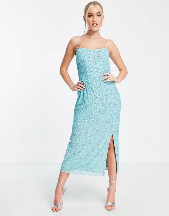 all-over embellished cami dress in turquoise