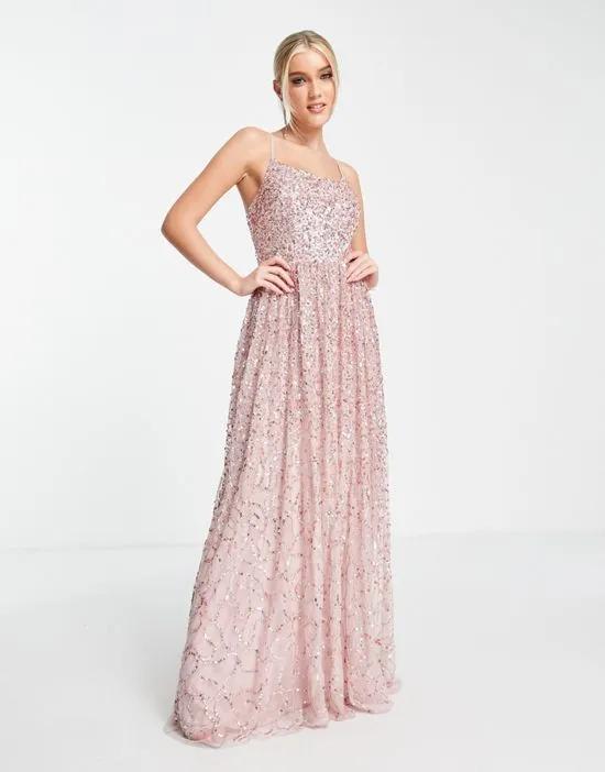 all-over embellished cross back maxi dress in taupe blush