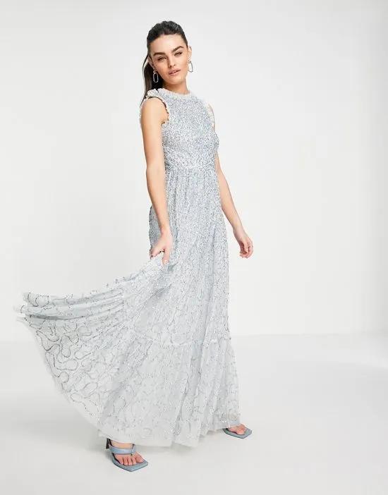 all over embellished maxi dress with lace top in ice blue