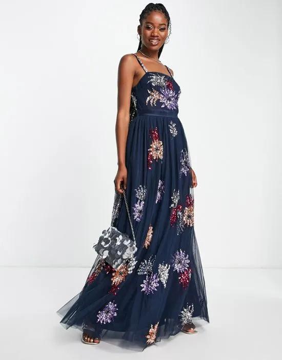 all over embellishment cami maxi dress in navy blue