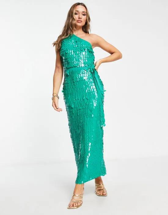 all over feather embellished maxi dress in green