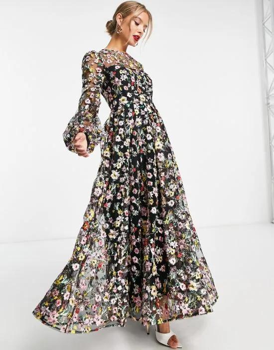 all over floral embroidered maxi dress in black