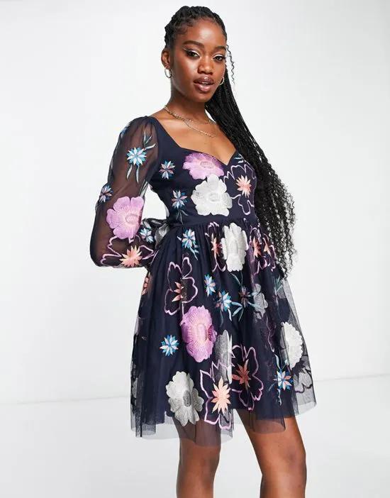all over floral embroidered mini dress in navy blue