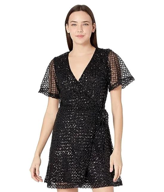 All Over Sequins Wrap Dress with Sheer Sleeve D5-2336