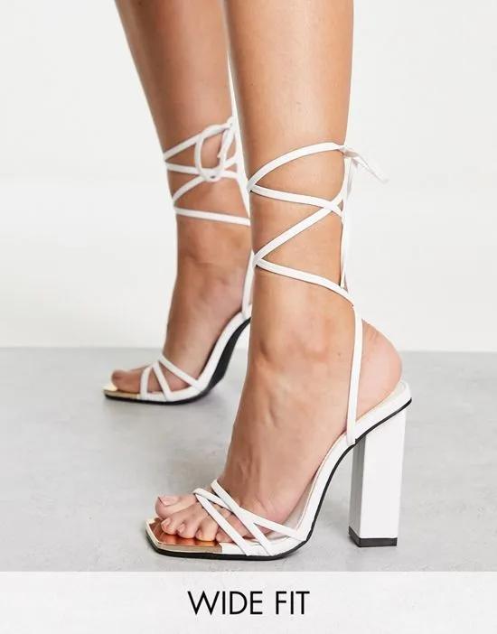 Amira tie up block heel sandals in white
