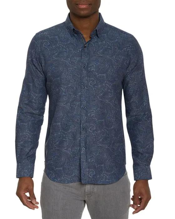 Amrani Cotton Blend Mélange Paisley Print Tailored Fit Button Down Shirt