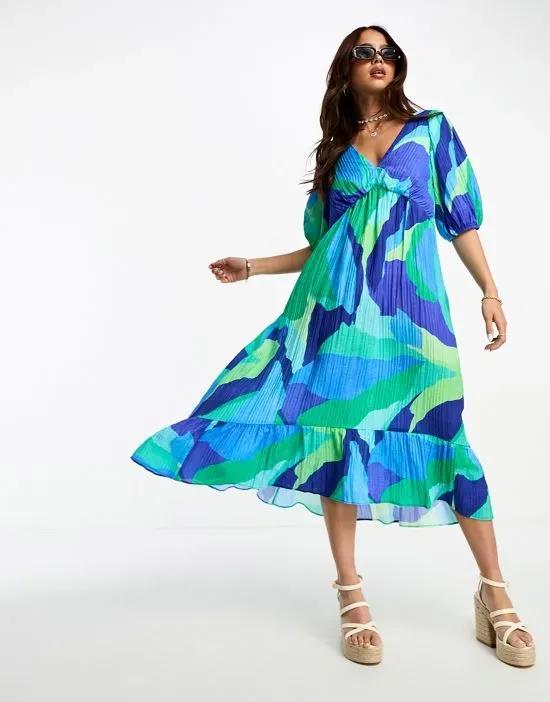 Amy puff sleeve midi dress in abstract blue
