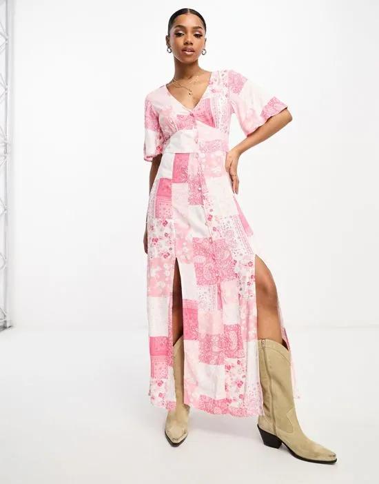 angel sleeve button through maxi dress in pink patchwork print