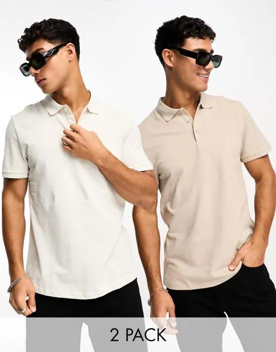 ASOS Design 2 pack pique polo in stone and beige