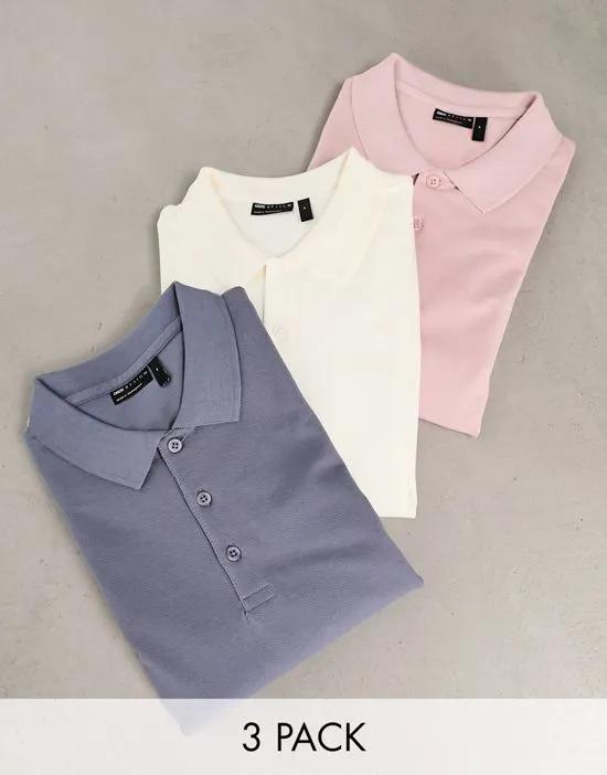 ASOS Design 3 pack long sleeve pique polo in ecru, washed pink and gray