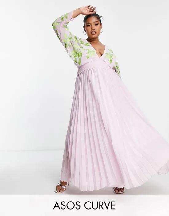 ASOS DESIGN Curve batwing pleated maxi dress in lilac with green embroidery
