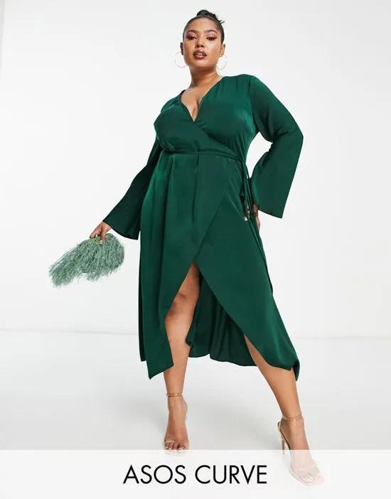 ASOS DESIGN Curve bias cut satin wrap dress with tie waist in forest green