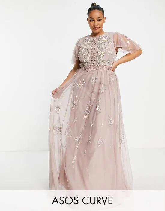 ASOS DESIGN Curve Bridesmaid pearl embellished flutter sleeve maxi dress with floral embroidery in rose