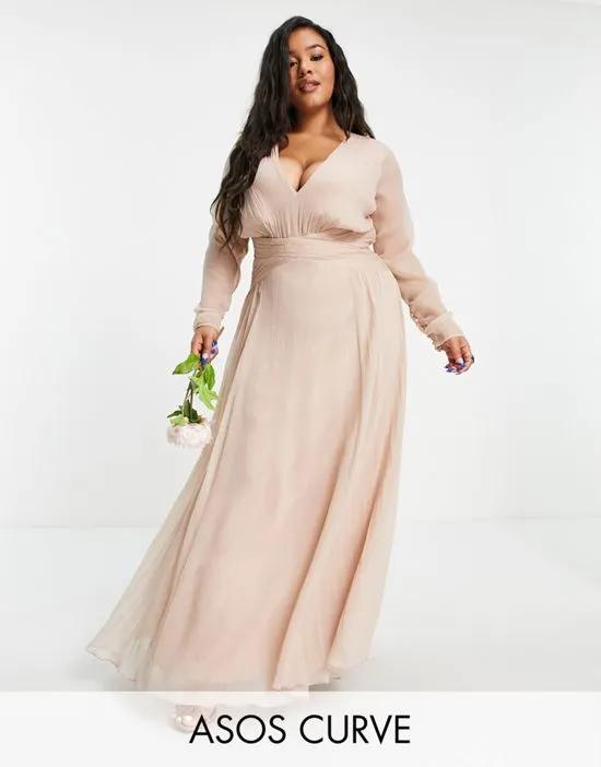 ASOS DESIGN Curve Bridesmaid ruched waist maxi dress with long sleeves and pleat skirt in blush