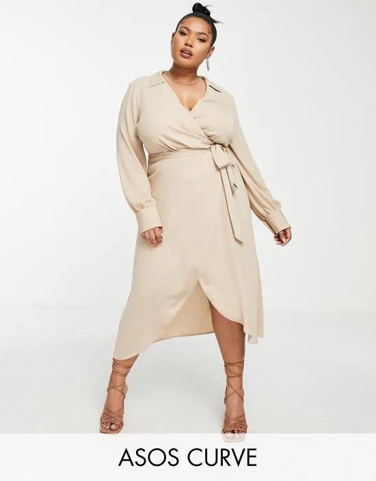 ASOS DESIGN Curve collared wrap midi dress with tie belt in stone