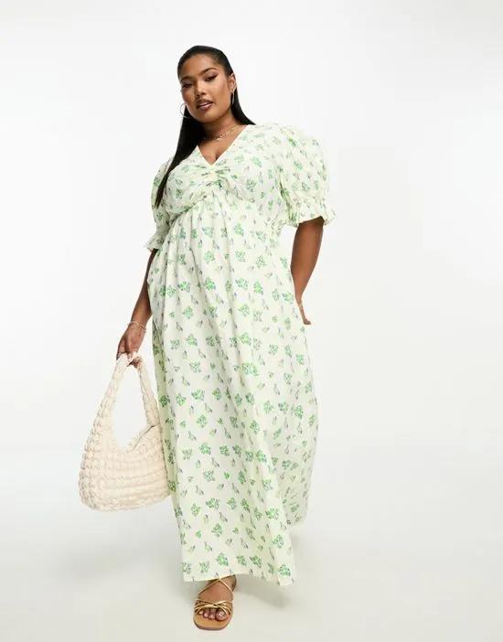 ASOS DESIGN Curve cotton midi smock dress in cream based green floral print