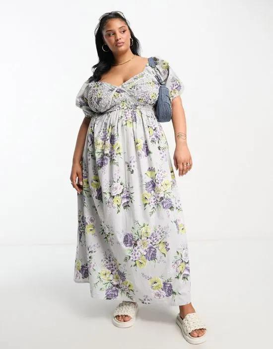 ASOS DESIGN Curve cotton shirred corset midi dress in floral print
