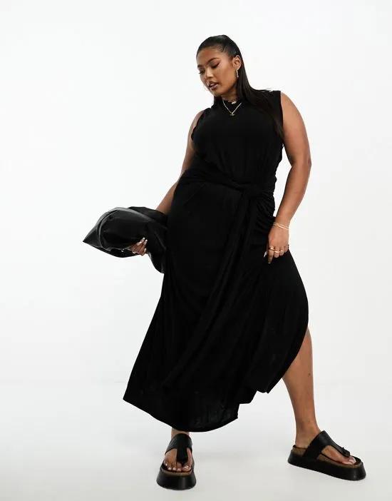 ASOS DESIGN Curve crew neck sleeveless midi dress with sarong tie skirt in black